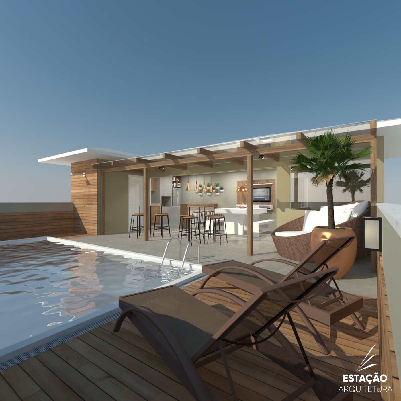 Área Gourmet e de piscina em Palhoça - Projeto de Interiores e Paisagismo - Estação Arquitetura - Welcome, everything is fine - The Good Place - Eleanor